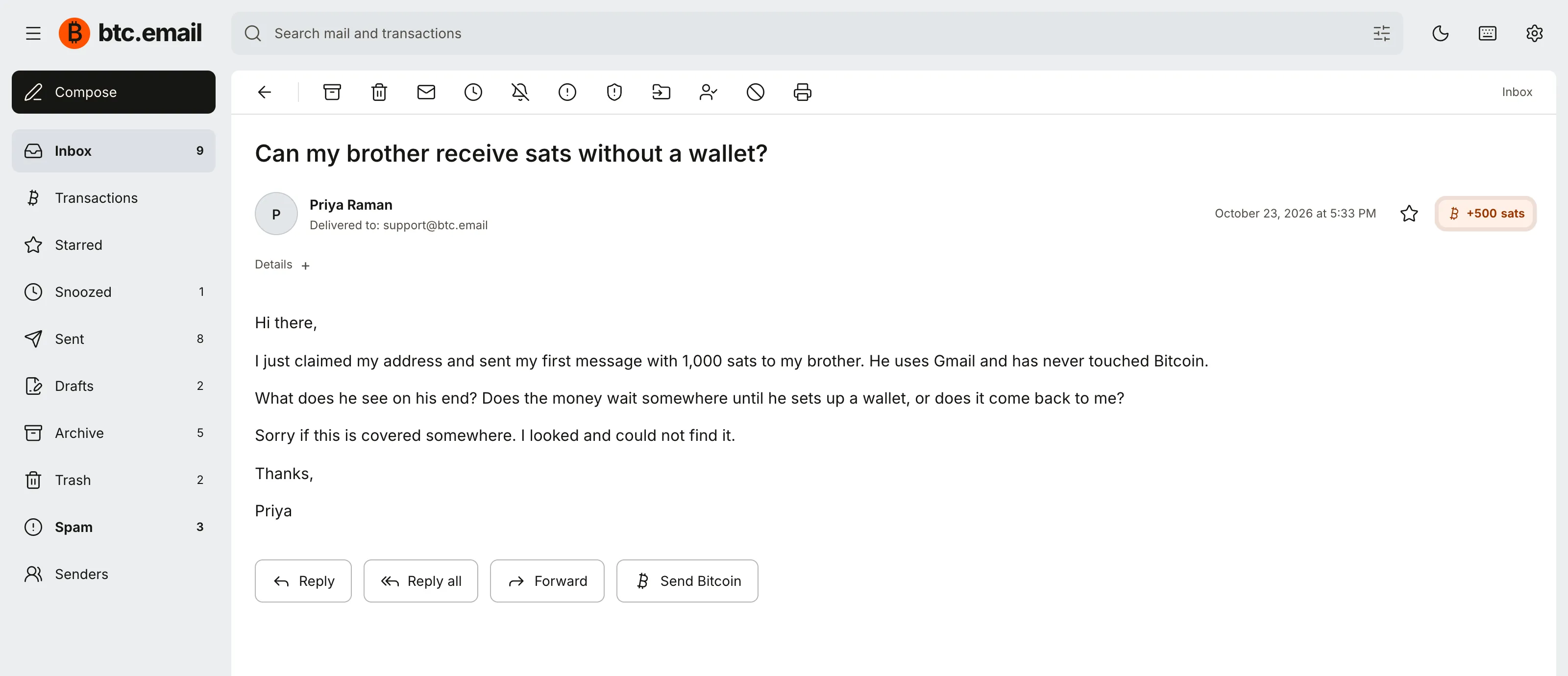 Wide BTC.email inbox. Folders line the left side. An open message shows a bitcoin receipt, with Reply, Forward, and Send Bitcoin under the letter.