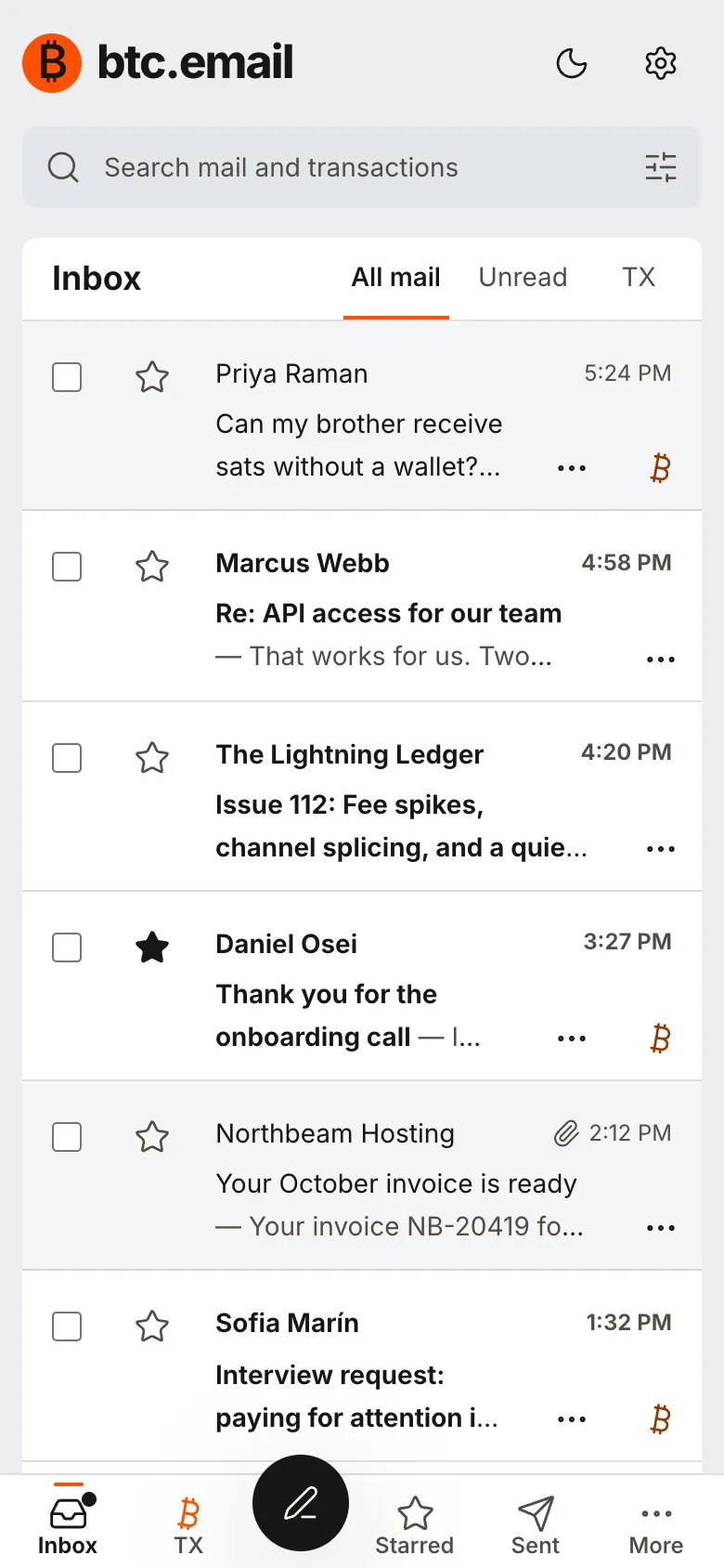 Phone BTC.email inbox. The message list fills the screen. A bottom bar holds Inbox, transactions, compose, starred, sent, and More.